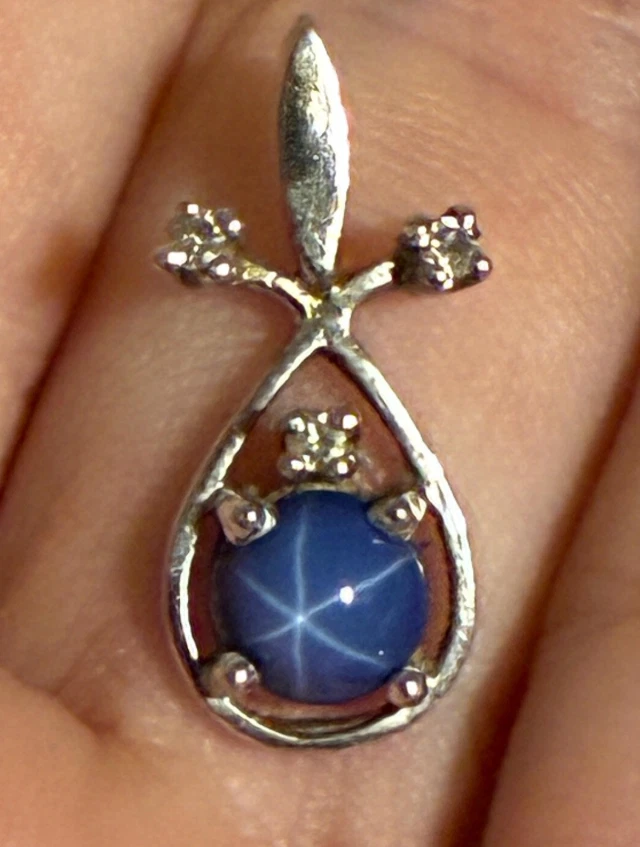 Antique Genuine Blue Star Sapphire Pendant 925 Sterling Silver Zircon Pendant - Image 1 of 4