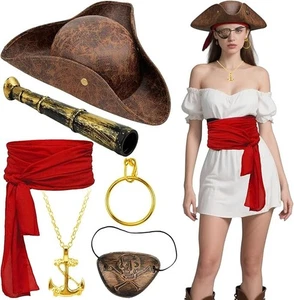 Halloween Pirate Costume Set with Pirate Hat, Red Waist Scarf; Telescope + More - Picture 1 of 7