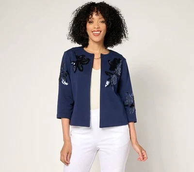 Suéter Dennis Basso para mujer talla grande 1X encogerse de hombros con lentejuelas azul A686978 Foto 1 de 4