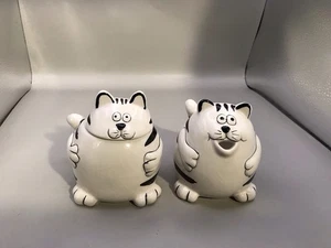 Pier 1 Fat White And Black Striped Cat Sugar And Creamer  - Picture 1 of 7