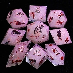 Halloween 9 Polyhedral Resin Sets of Dice DD Pink Witch Bloody Broomstick RPG - Picture 1 of 3