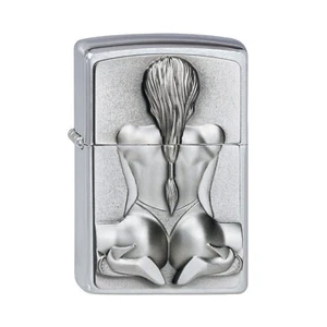 Zippo Lighter Kneeling Girl Emblem Brushed Chrome Windproof Flame Refillable - Picture 1 of 3