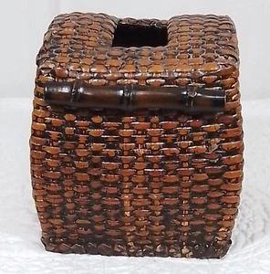 Vintage Black & Brown Woven Rattan Kleenex Tissue Box with FAUX Bamboo Handles - Picture 1 of 11