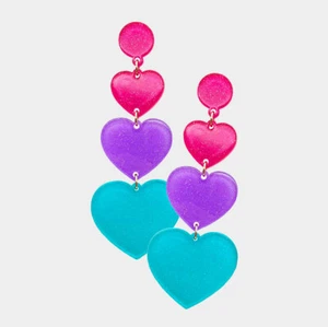 NEU Ohrringe dreistufig rosa lila blau Herzen glitzernd funkelnd Acryl Harz - Bild 1 von 1