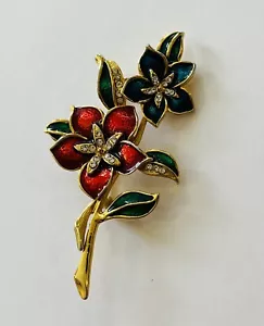 Vintage C’est Bien Brooch Pin Enamel Rhinestone 2 Flower Red and Blue Signed - Picture 1 of 8