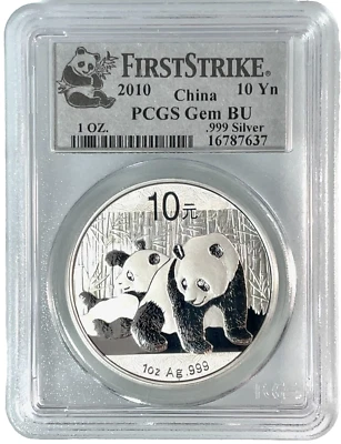 CHINA 2010 .999 SILVER PANDA 1 Oz. 10 YUAN PCGS GEM BU. First Strike - Image 1 of 4
