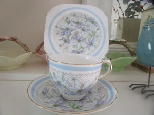 PRETTY TUSCAN BLUE DAISIES FINE BONE CHINA TRIO - Picture 1 of 10