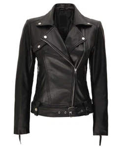 Women’s Real Lambskin Leather Black Moto Biker Jacket Classic Cafe Racer Jacket - Picture 1 of 9