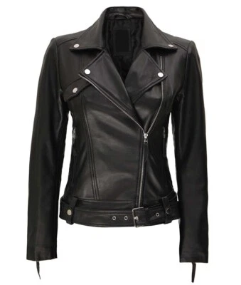 Women’s Real Lambskin Leather Black Moto Biker Jacket Classic Cafe Racer Jacket - Image 1 of 4