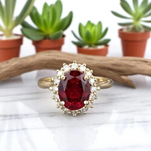 Women Wedding Ring 3.90 Ct Lab Grown Diamond Oval Cut Red Ruby 14k Yellow Gold - Picture 1 of 14