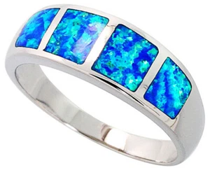 Anillo fino para mujer de plata esterlina enchapado en rodio con incrustaciones de ópalo patrón cuadrado 8 mm - Imagen 1 de 1