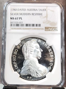 1780 AUSTRIA SILVER 1 TALER RESTRIKE MARIA THERESA NGC MS 67 PL RARE PROOF LIKE - Picture 1 of 3