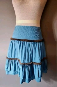 VTG Blumarine Skirt 93% Italian Silk Fur Trim Midi Turquoise/Blue *Retail $1150 - Picture 1 of 14