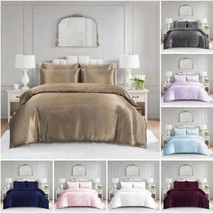6 PCS SATIN SILK BEDDING SET DUVET COVER FITTED SHEET & 4 PILLOW CASES-All SIZES - Picture 1 of 62
