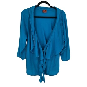 Oh My gauze large XL blue cotton ruffle front 3 quarter sleeve boho laganlook - Picture 1 of 11