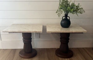 Vintage Pair Oak Carved Pedestal Plant Stands Side Tables Display Travertine - Picture 1 of 12
