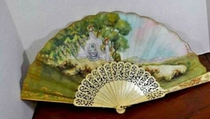 Handpainted Folding Fan Landscape The Night Round A Moralles Color Celluloid Fan - Picture 1 of 12