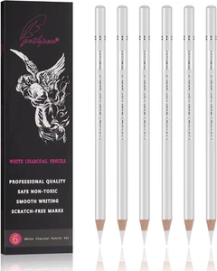 Professional White Charcoal Pencils Set - 6 Pieces Sketch Highlight White Pencil - Picture 1 of 12