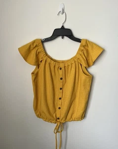 MADEWELL gelbes schulterfreies Oberteil mit Flatterärmeln Knopfleiste Taille zum Binden Large - Bild 1 von 4