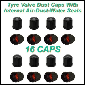16X BLACK PLASTIC TYRE STEM VALVE AIR DUST CAPS WITH RUBBER SEALS CAR BIKE CYCLE - Picture 1 of 12