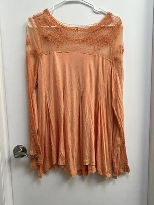Free People Jojo Mixed Media Long Sleeve Embroidered Orange Blouse Top Medium - Image 1 of 4