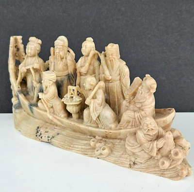 Escultura de piedra de jabón tallada china de colección ocho inmortales en barco Foto 1 de 4