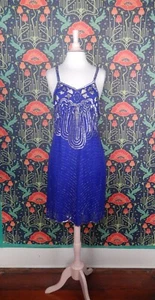 Vintage 70's 80's Blue Silver Beaded Sequin Silk Art Deco Disco Slip Dress M/10 - Picture 1 of 9