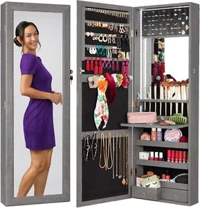 LED Mirror Jewelry Cabinet, Tall Lockable Wall or Door Mounted Jewelry Armoire O - Picture 1 of 7