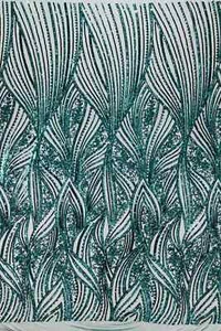 Curvy Design Sequins Fabric - Green- 4 Way Stretch Lace Sequin Fabric By Yard - Picture 1 of 6