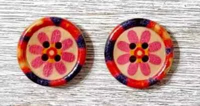 flower boho wood buttons sewing 4 holes 3/4 inch orange pink 2pc - Image 1 of 2
