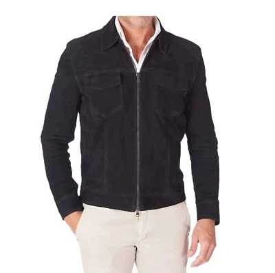 Men's Black Leather 100% Pure Suede Biker Jacket Handmade Bomber Motorcycle Coat - Image 1 of 4