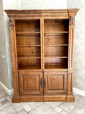 Ethan Allen Two-Piece Carved Pine With Glass Shelves Display/Bookcase With Light - Image 1 of 4