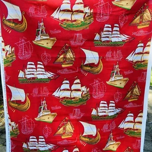 Vintage Barkcloth Fabric Textured Retro Ship Boat 115cm wide x 360cm long - Picture 1 of 6