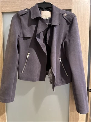 Chaqueta de moto Anthropologie de gamuza azul/gris para mujer con detalles de cremallera - talla M Foto 1 de 4