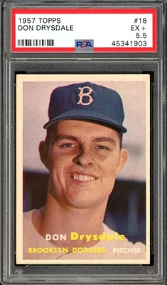 1957 Topps #18 Don Drysdale novato de la corte Brooklyn Dodgers PSA 5,5 EX+ Foto 1 de 2
