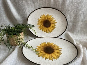 Vintage SUNFLOWER Pair Serving Platters Brown Yellow 28 X 36CM Retro Cottagecore - Picture 1 of 8