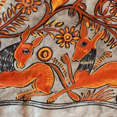 Mexican Folk Art Bird Deer Painting Amatl Bark Paper Mora Tree MCM Large VTG - Image 1 of 4