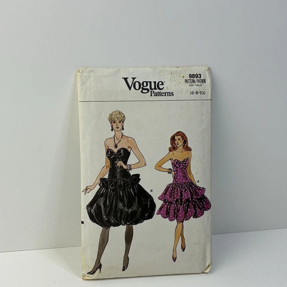 Dress Size 6-10 Boned Drop Waist Bodice Ruffle Bow UNCUT Pattern 9893 Vtg 80s - Image 1 of 2