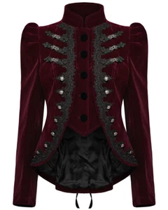Punk Rave Womens Gothic Velvet Cutaway Military Riding Jacket - Red - Picture 1 of 13
