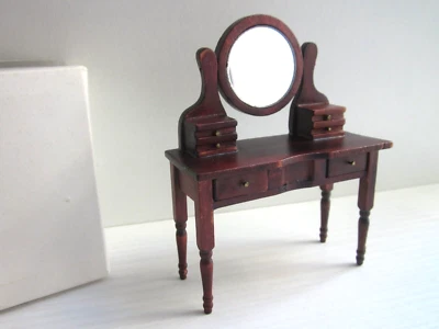 Toeletta-in Legno con Specchio-Color Mogano-Mobili 1:12-per Casa delle Bambole - Immagine 1 di 4