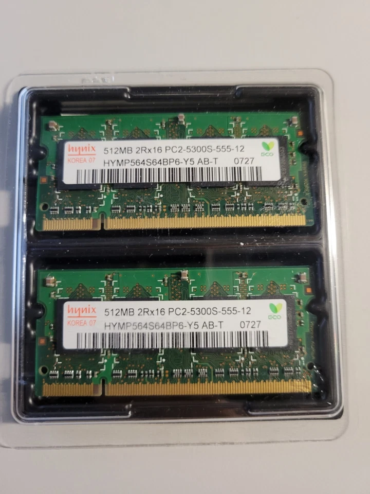 Hynix Laptop RAM  (2 X 512MB) 2RX16 PC2-5300S-555-12 HYMP564S64BP6-Y5 AB-T 0727 - Image 1 of 1