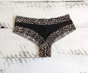 Vntg Victoria’s Secret PINK Size XS Black & Tan Leopard Lace Trim Cheeky Panty - Picture 1 of 5