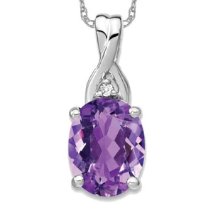 14K Solid White Gold Oval Amethyst Diamond Necklace - Picture 1 of 12
