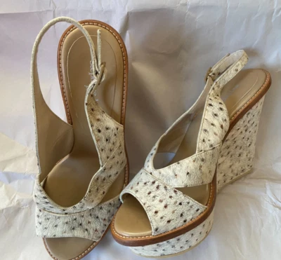 FRANCE LEATHER VINTAGE WEDGE PLATFORM SANDALS IN GRAY TEXTURED ACCENT 38 7.5-8 - Image 1 of 4