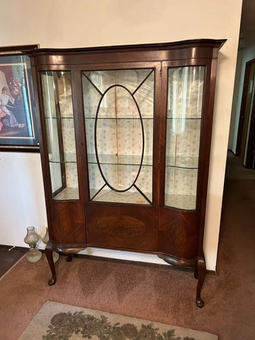 Antique Curved Glass China Curio Cabinet Glass Shelfs Oak Cover