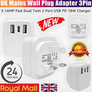 3-Pin Dual USB Port Wall Plug Adapter with 3.1A Fast Charging + PD 18W for UK - Picture 1 of 9