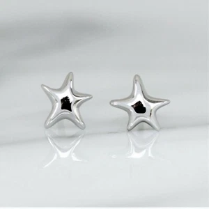 Genuine Sterling Silver 925 Rhodium Plated Small 7mm Puffy Star Stud Earrings - Picture 1 of 6