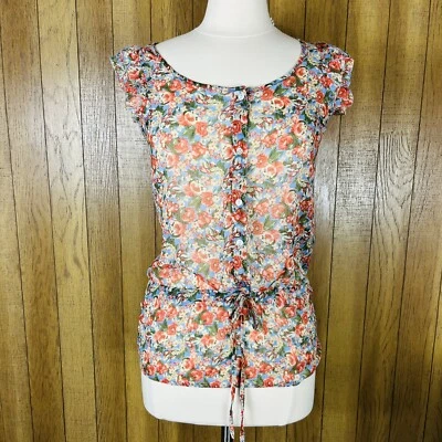 Bobbie Brooks (Size XS) Floral Sheer Sleeveless Blouse Shirt Tank Button Down - Image 1 of 4