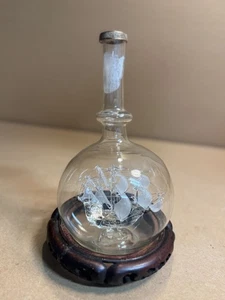 Handblown Glass Sculpture Figurine BOAT.~ Ship In A Bottle w/ Wood Ring Base - Picture 1 of 12