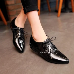 Women Date Flat Lace Up Casual Shoes Patent Leather Pointed Toe US Plus Size SH - Picture 1 of 28